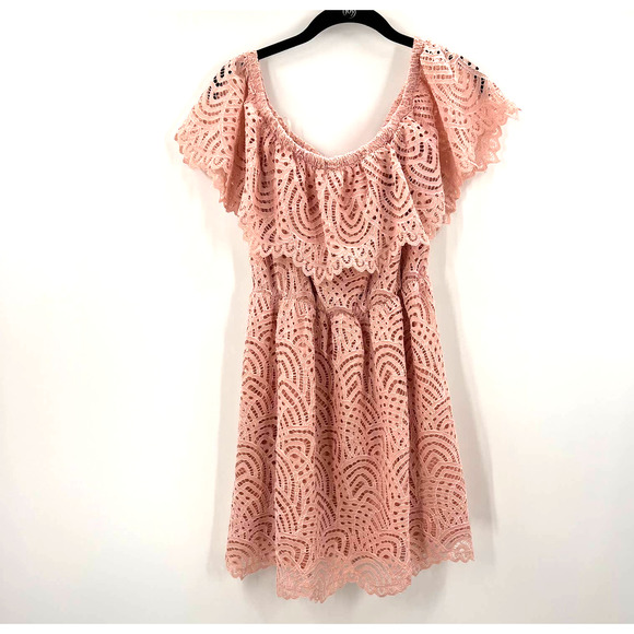 Trac Light Pink Lace Off Shoulder Sweetheart Neckline Mini Dress Layered Small - Picture 2 of 7